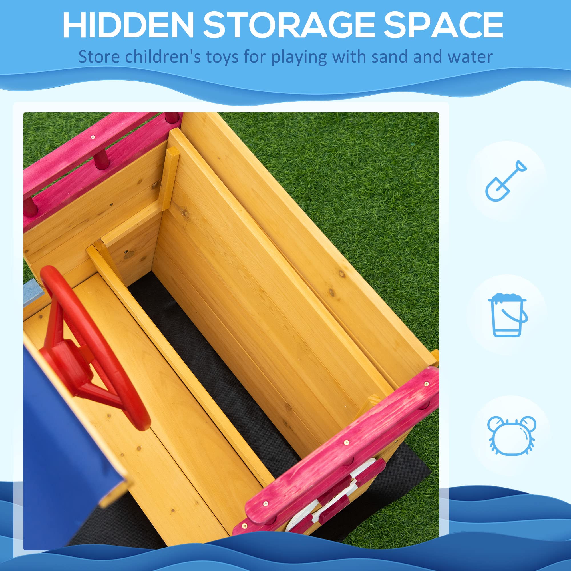 Outsunny Pirate Ship Sandbox with Cover & Rudder - Wooden Outdoor Sandbox with Storage Bench & Seat - Kids Sand Play Toy for Ages 3-8 - Perfect for Backyard, Garden & Playground Fun
