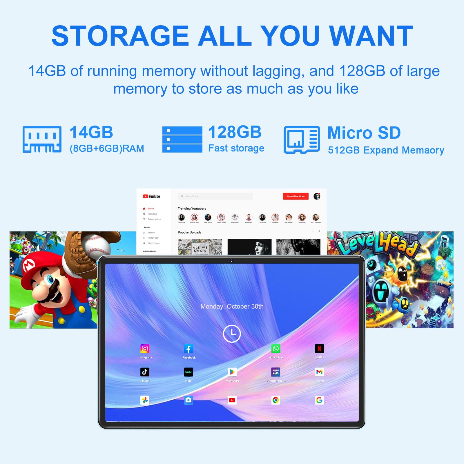 ZIOVO 2023 10.1 Inch Android 13 Tablet with Keyboard - 14GB RAM 128GB Storage (Expandable to 512GB), Octa-Core Processor, 8000mAh Battery, 8MP+5MP Dual Camera, Bluetooth, 2.4G/5G WiFi - Perfect for Work, Study, and Entertainment (Blue)