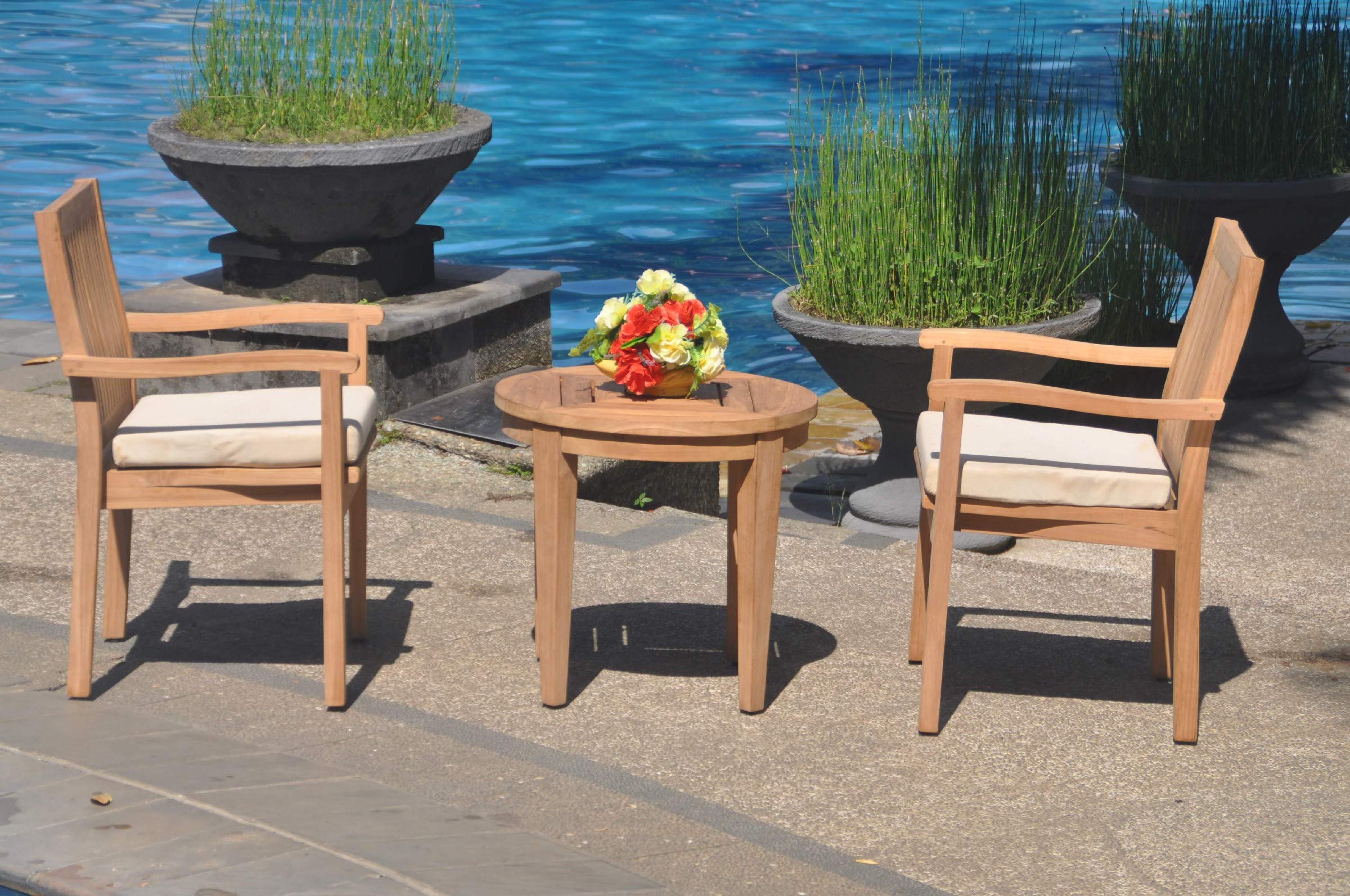 Premium 2-Seater Teak Wood Dining Set with Round Side Table & 2 Stackable Arm Chairs - Solid Grade-A Teak Furniture for Patio, Garden, or Indoor Dining - WHDSLV