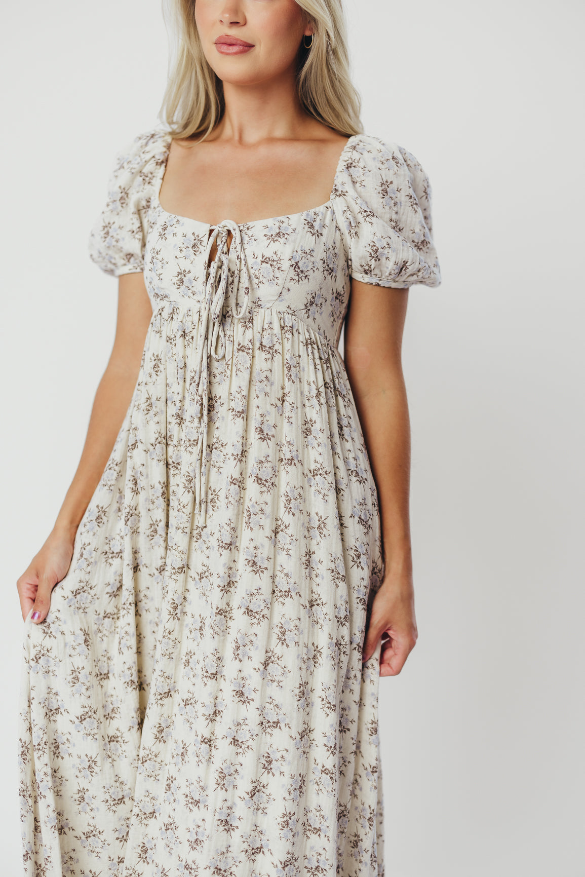 Haven 100% Cotton Tie Front Maxi Dress - Blue & Brown Floral Print | Bump Friendly Maternity Dress | Perfect for Beach, Vacation & Summer Outfits