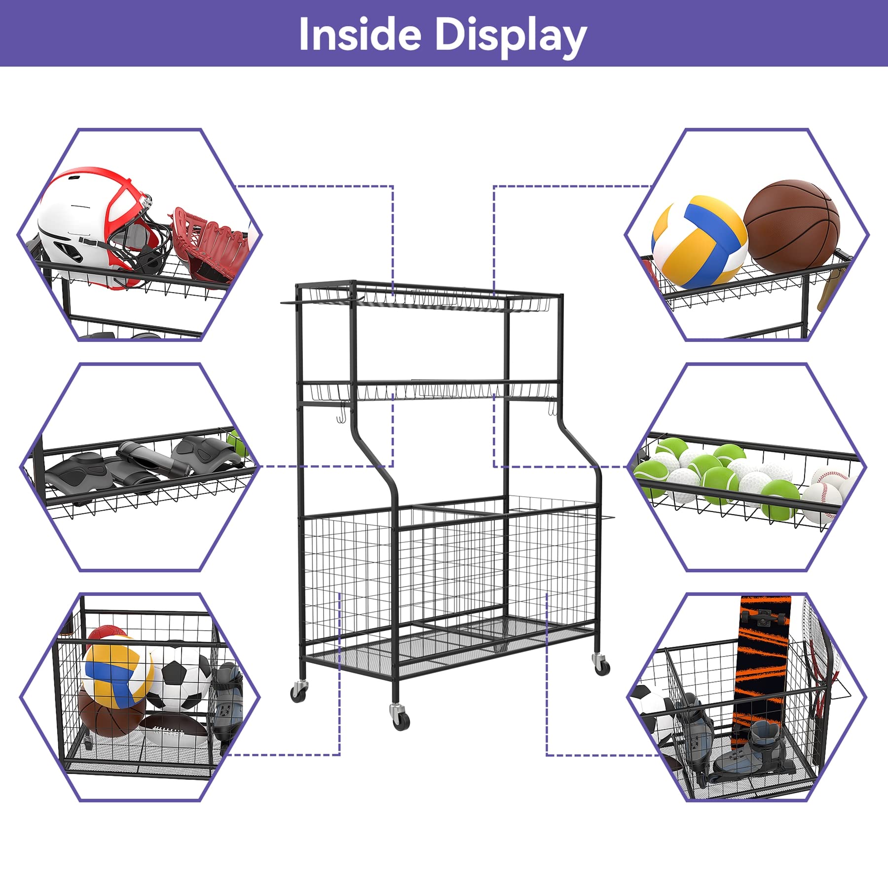 Garage Ball & Sports Equipment Organizer - Heavy Duty Rolling Ball Cart with Storage Baskets for Indoor/Outdoor Use - Perfect for Kids' Toys, Basketballs, Soccer Balls & Playroom Organization