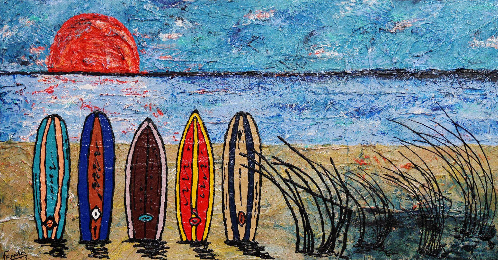 Abstract Realism Surfboard Sunset Wall Art - Handmade Canvas Painting for Beach House Decor, Living Room & Office