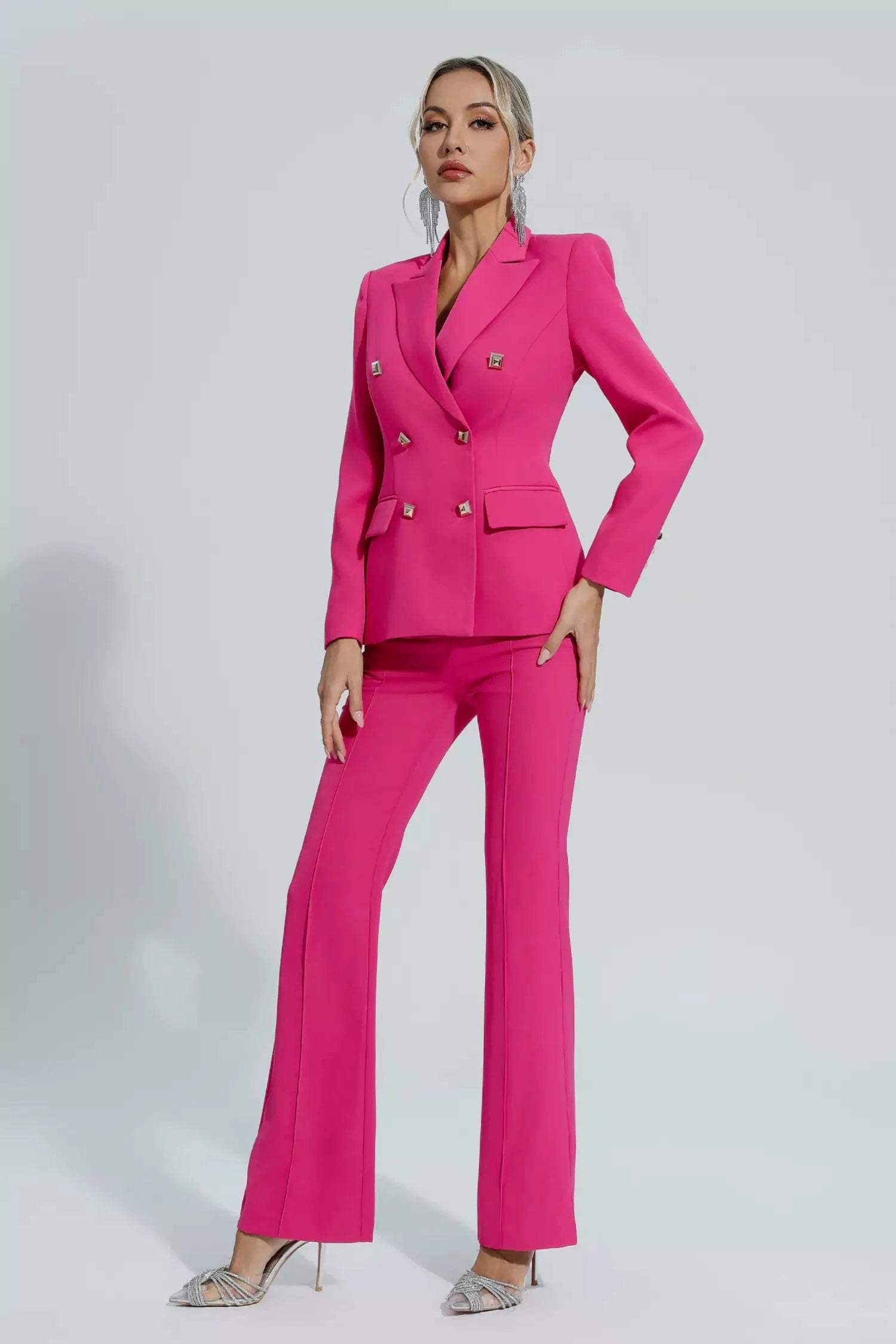 Fuchsia 2-Piece Double Breasted Women's Business Casual Suit Set - Slim Fit Blazer & Pants for Office, Interview & Professional Events