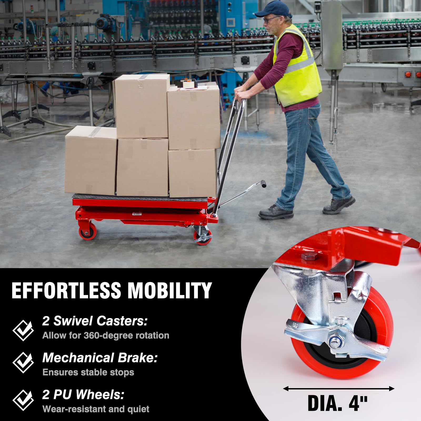 Heavy Duty Hydraulic Lift Table Cart 330 lbs Capacity - Adjustable Height 10.6'' to 50'' - Double Scissor Lift with Anti-Slip Platform & 4 Locking Wheels - Industrial Material Handling Equipment for Warehouse, Workshop, Garage, Loading Dock - Red