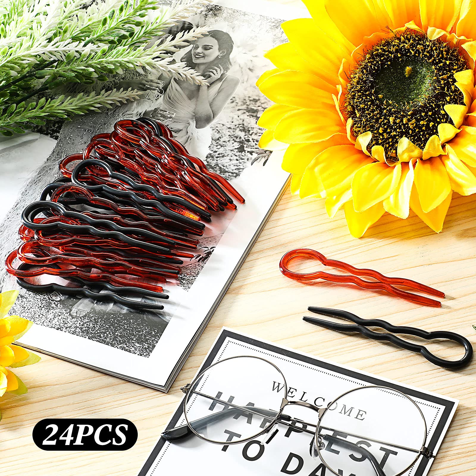 24-Piece U-Shaped Plastic Hair Bobby Pins - Strong Grip Spiral Hair Clips for Women (Black & Coffee) | Hair Styling Accessories for Updos, Braids & Everyday Hairstyles