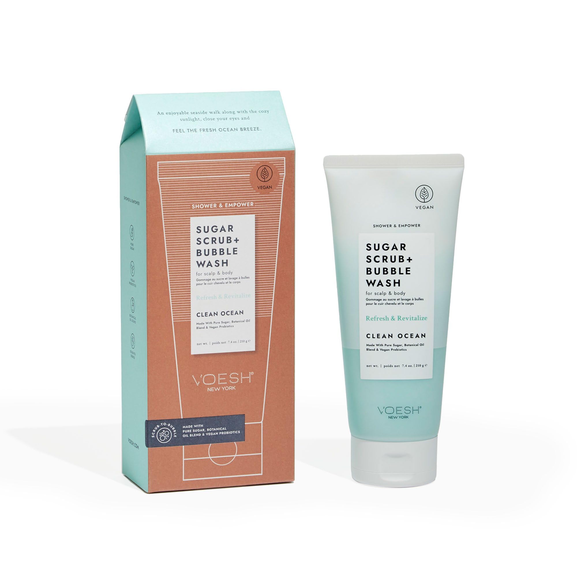 VOESH Exfoliating Sugar Scrub & Bubble Wash - Clean Ocean Scent, Vegan Body & Scalp Care for Smooth Skin - Perfect for Shower, Spa & Relaxation at Home