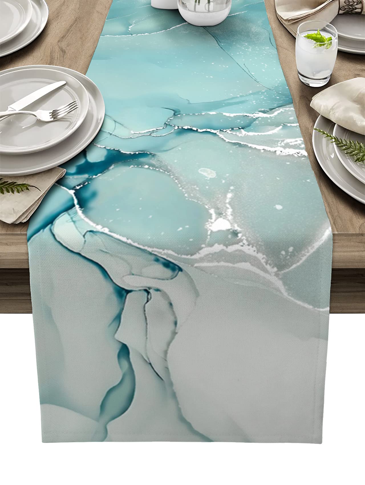 108 Inch Marble Turquoise Teal Aqua Cotton Linen Table Runner - Modern Kitchen & Dining Table Decor, Long Dresser Scarf for Coffee Table, Wedding, Party & Home Decor - Perfect for Farmhouse, Rustic & Boho Style Dining