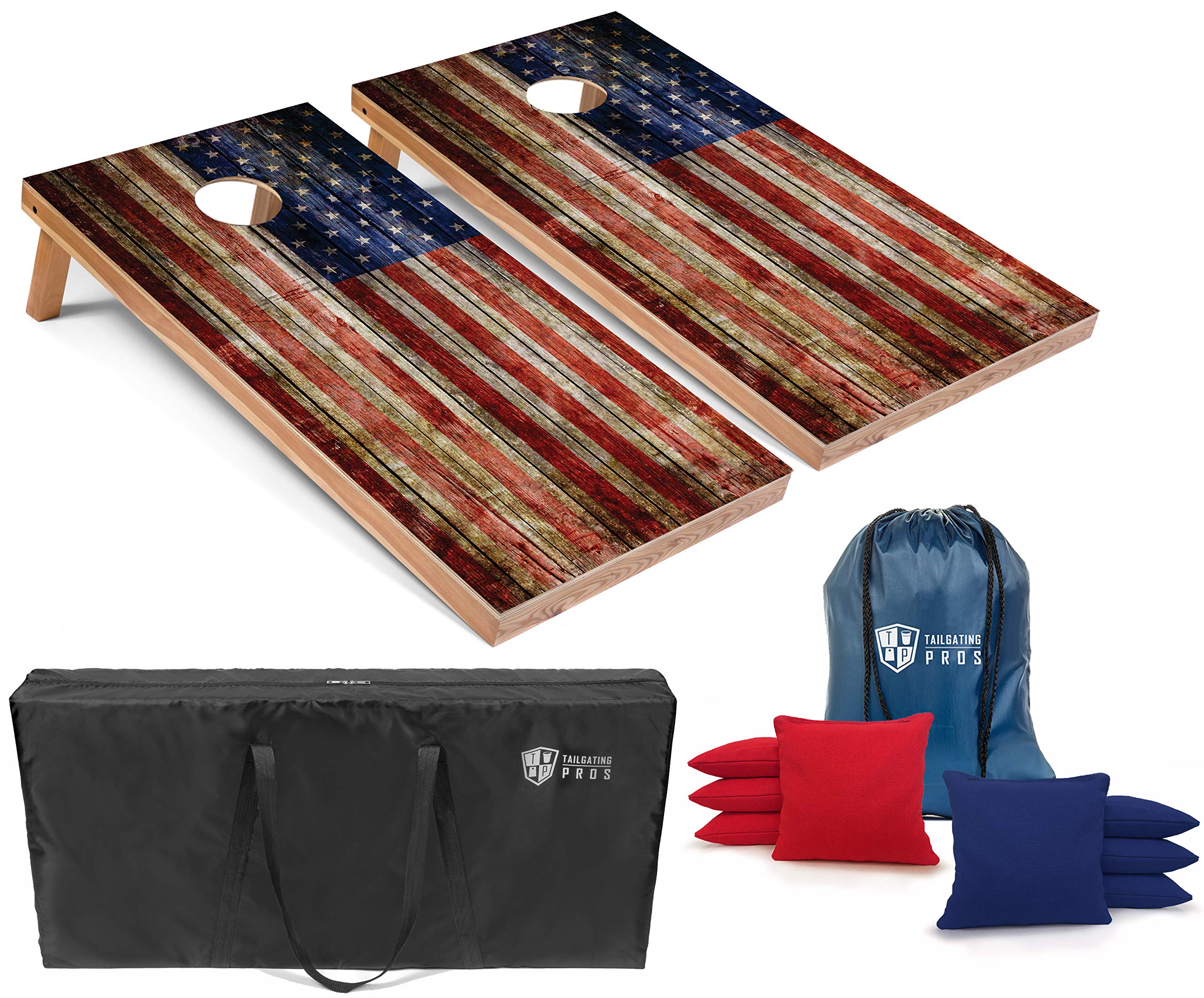 American Flag Wooden Cornhole Board Set with Bean Bags & Carrying Case - 4'x2' Regulation Size Outdoor Toss Game - Perfect for Tailgating, Backyard BBQs, and Family Gatherings