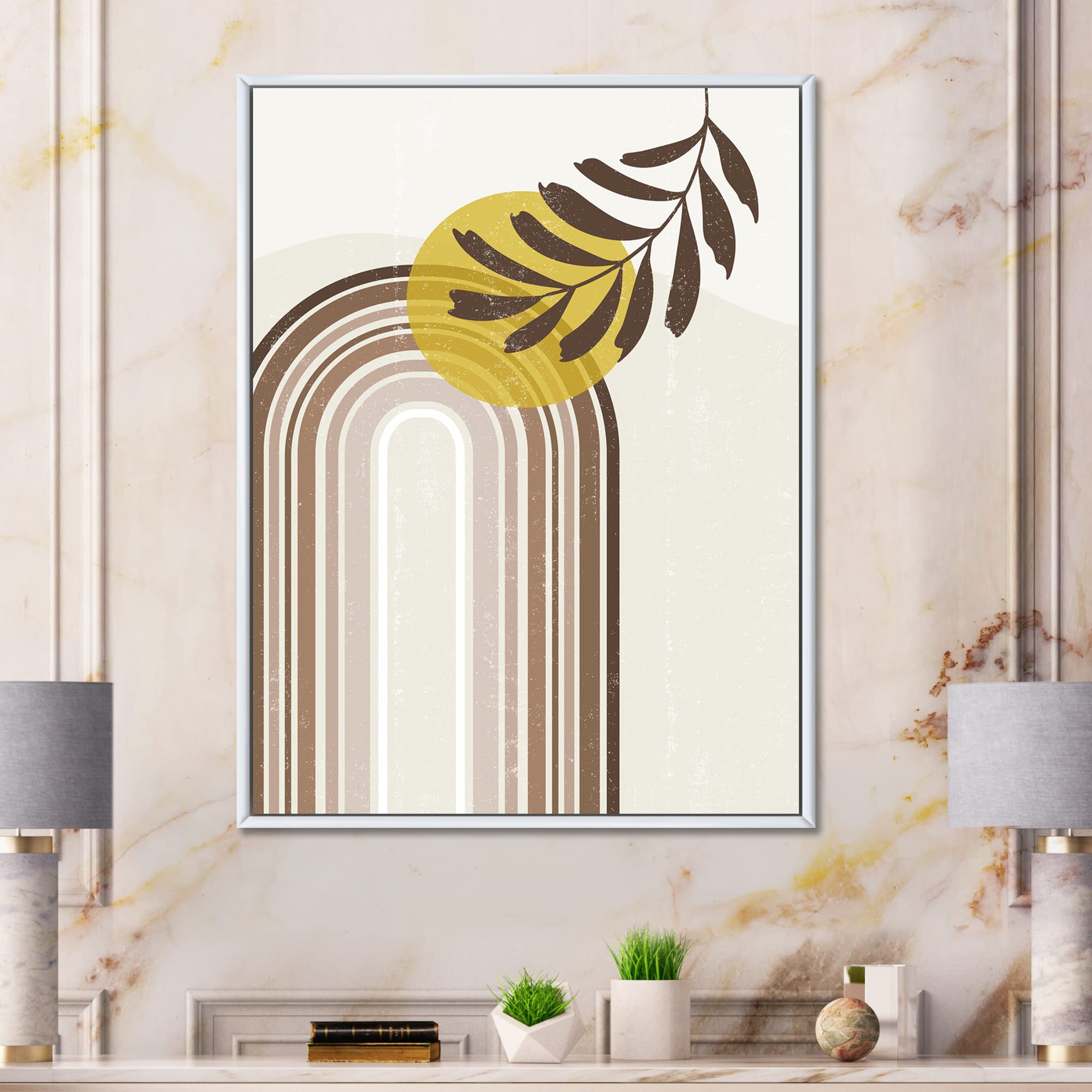 Abstract Sun and Moon With Leaf Earth Tone Framed Canvas Wall Art - Modern Home Decor for Living Room, Bedroom & Office