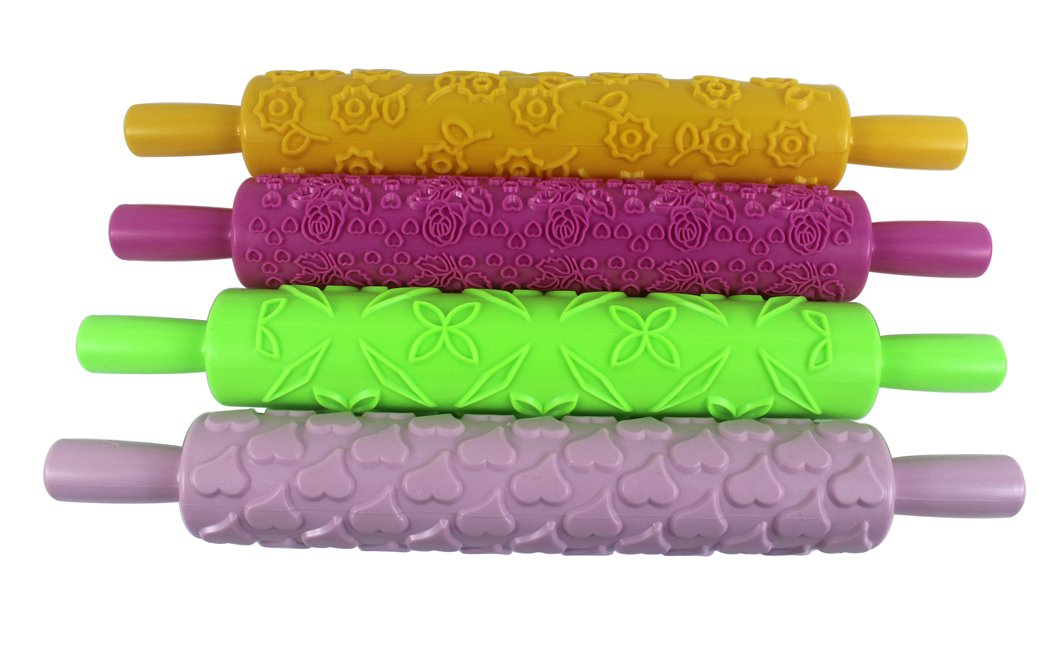 4-Pattern Embossed Rolling Pin for Fondant, Cake, Pastry & Clay - Wicker, Heart, Roses & Flowers Design | Professional Sugar Decorating Tool | Perfect for Baking, Cake Decorating & DIY Crafts (Random Color)