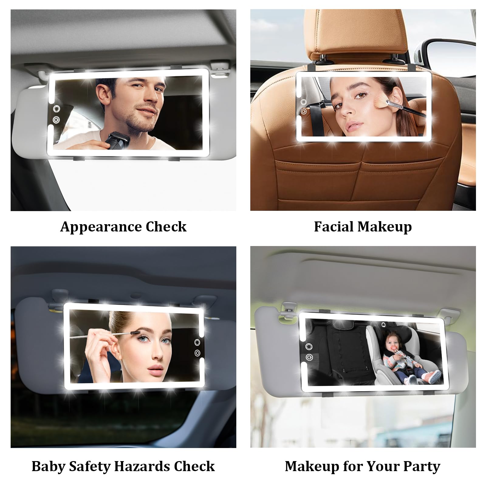Upgraded LED Car Sun Visor Vanity Mirror with Dimmable Lights - Large Rechargeable Makeup Mirror for Cars - Universal Rear View Mirror Attachment - Perfect for On-the-Go Makeup, Night Driving & Car Organization