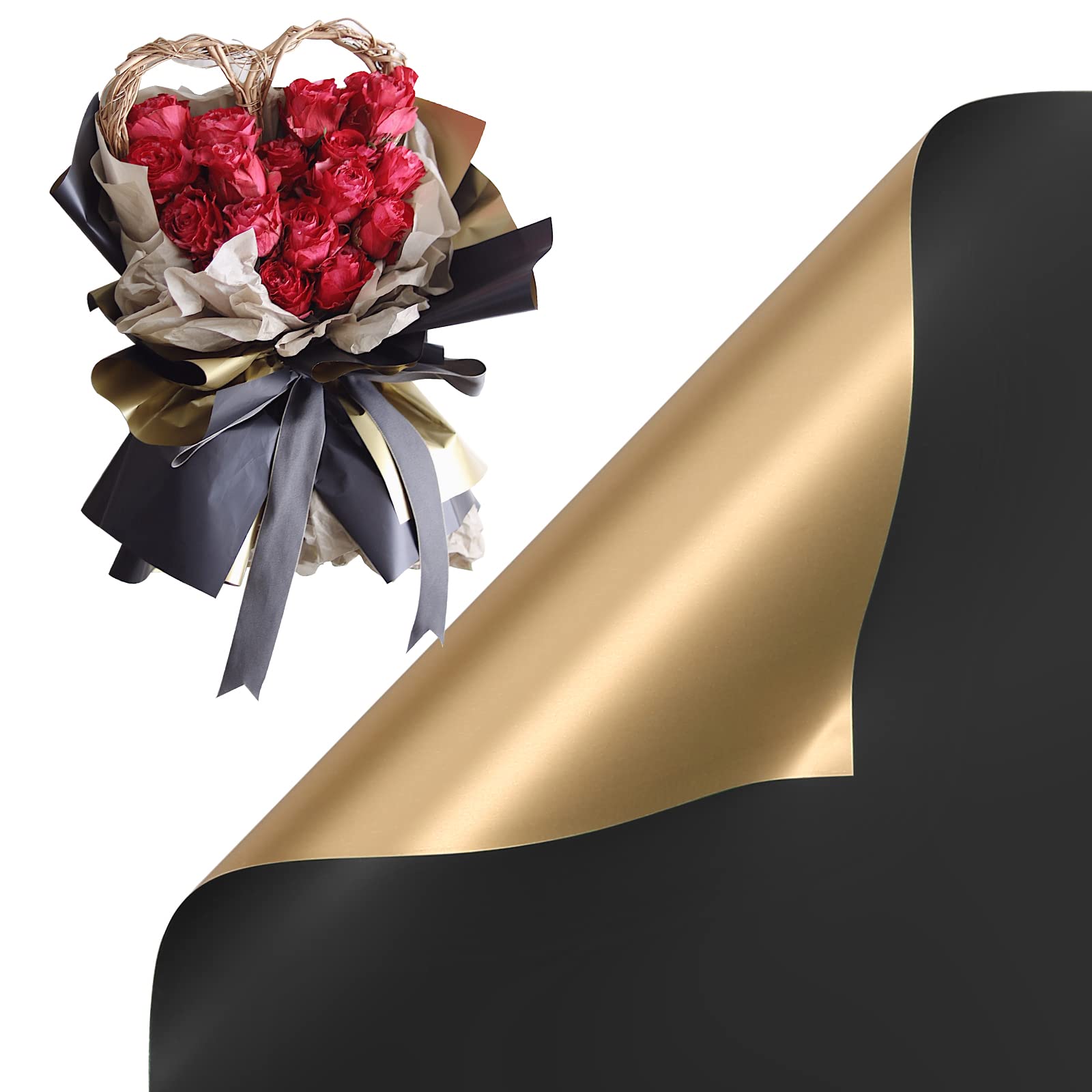 Premium Double Sided Golden Floral Wrapping Paper - Waterproof DIY Gift Wrap for Bouquets, Presents & Crafts (20 Sheets, 23.6x23.6 Inch, Black) | Perfect for Wedding Decor, Birthday Gifts & Party Favors