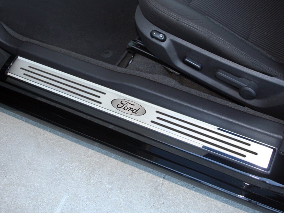 American Car Craft 271028 Stainless Steel Ford Oval Slotted Doorsill with Carbon Fiber Trim - Perfect for Ford Truck & SUV Interior Protection & Style Upgrade