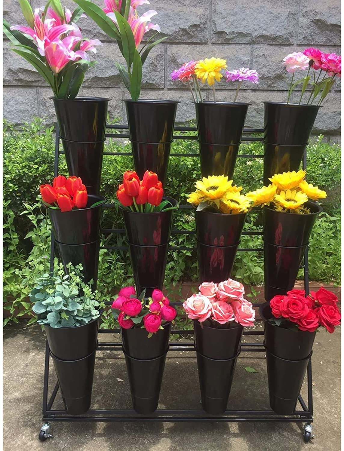 3-Tier Metal Flower Display Stand with 12 Plastic Buckets & 4 Universal Wheels - Black Rolling Florist Cart for Bouquet Arrangement | Perfect for Flower Shops, Wedding Decor & Event Displays