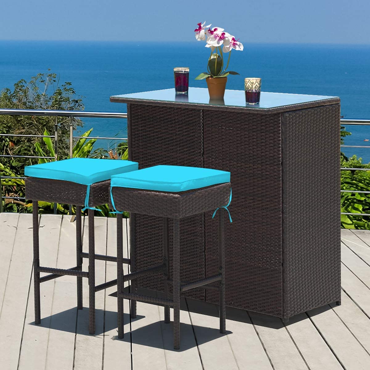 3-Piece Outdoor Patio Bar Set with Glass Top Table & 2 Cushioned Rattan Stools - Wicker Furniture with Storage Shelves for Backyard, Poolside, Garden or Porch (Turquoise) - Perfect for Entertaining Guests or Relaxing Outdoors