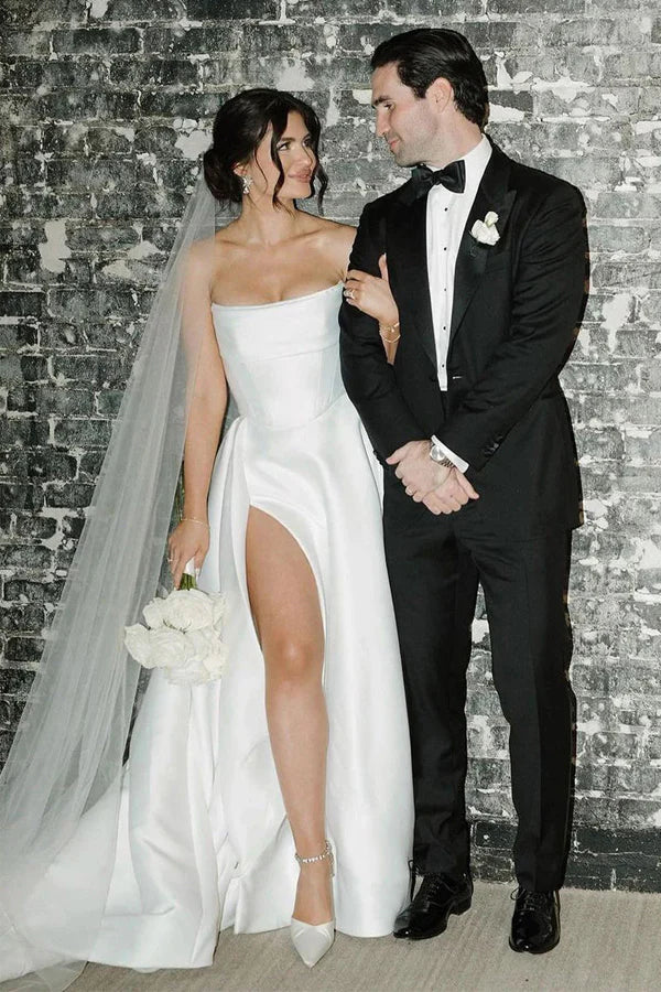 Elegant A-Line Strapless White Satin Wedding Gown with Thigh High Slit - Perfect for Bridal Ceremony, Vow Renewal & Formal Evening Events