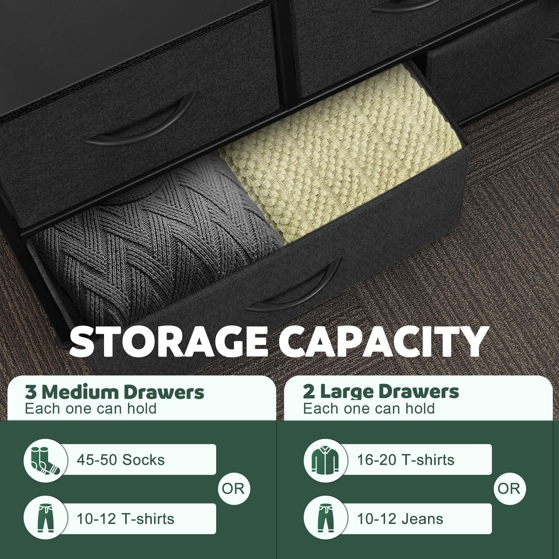 5-Drawer Fabric Dresser for Bedroom - Black & Charcoal Storage Chest with Removable Bins | Closet Organizer, Living Room Furniture & Entryway Storage Solution | Space-Saving Dresser for Small Spaces & Apartment Organization