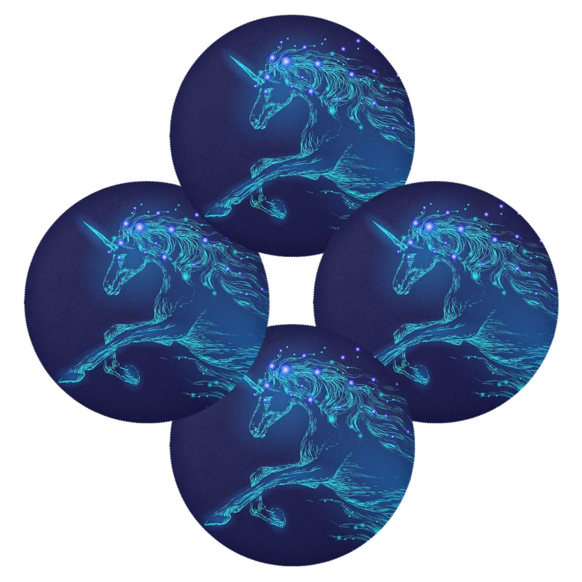 Glowing Unicorn Placemats Set of 4 - 15.4 Inch Blue LED Fantasy Table Mats for Dining Room Decor, Holiday Parties & Magical Themed Events - Waterproof Washable Tableware Accessories