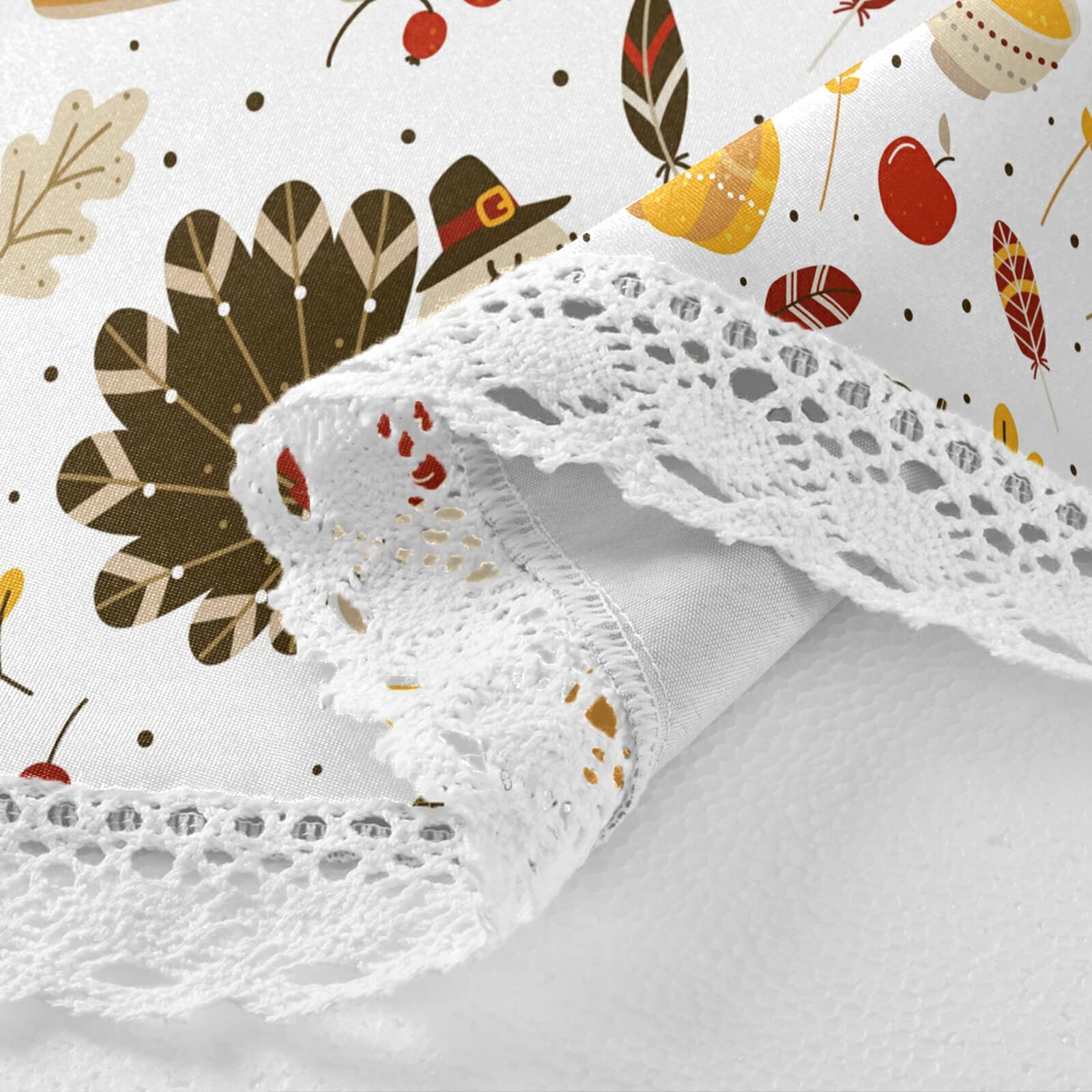 60 Inch Round White Lace Polyester Tablecloth with Pumpkin & Rooster Design - Perfect for Thanksgiving Dinner, Autumn Party Decor, and Holiday Table Setting