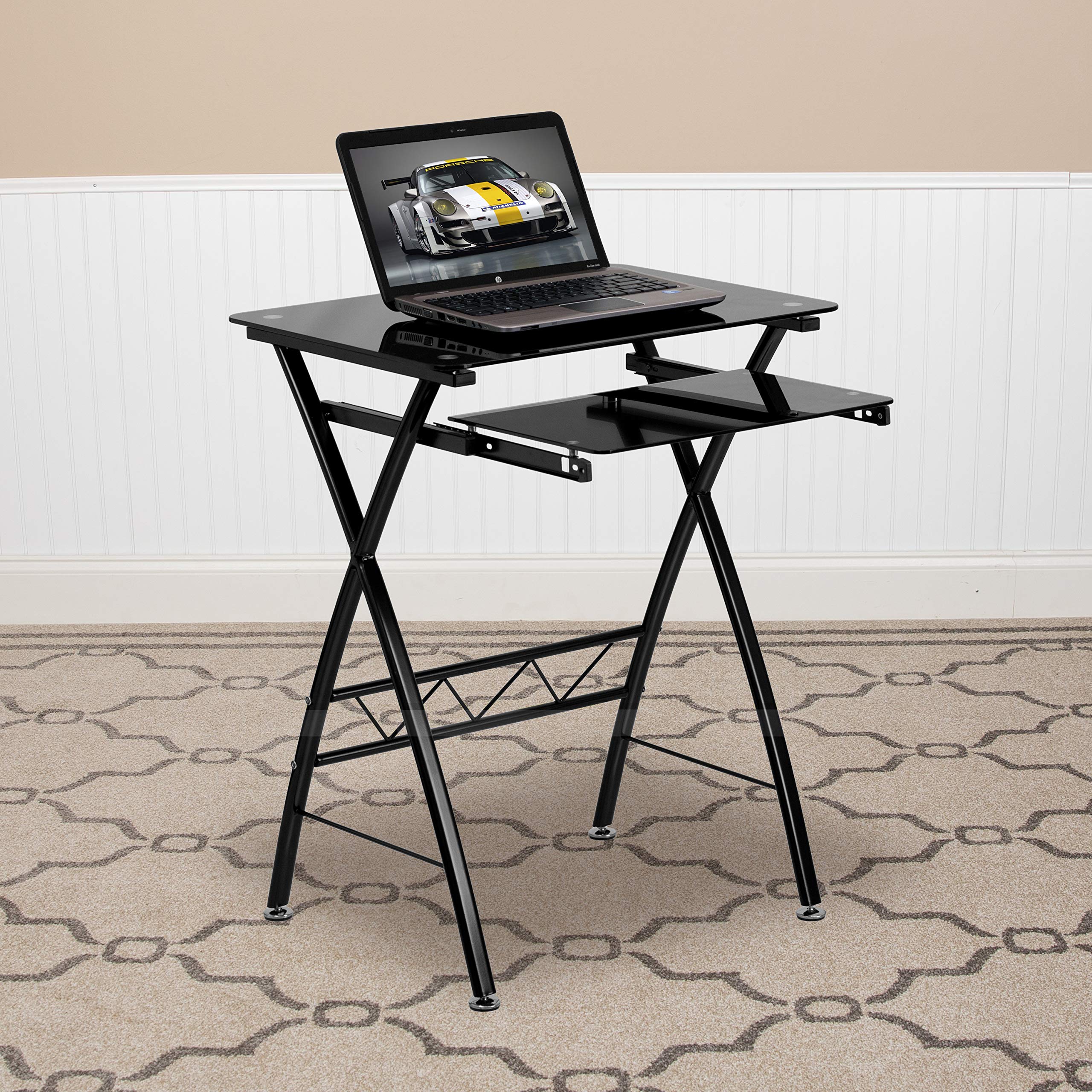 Flash Furniture Norris Black Tempered Glass Computer Desk with Pull-Out Keyboard Tray - Modern Home Office Desk for Work, Study & Gaming - Durable Glass Writing Table for Small Spaces & Apartments