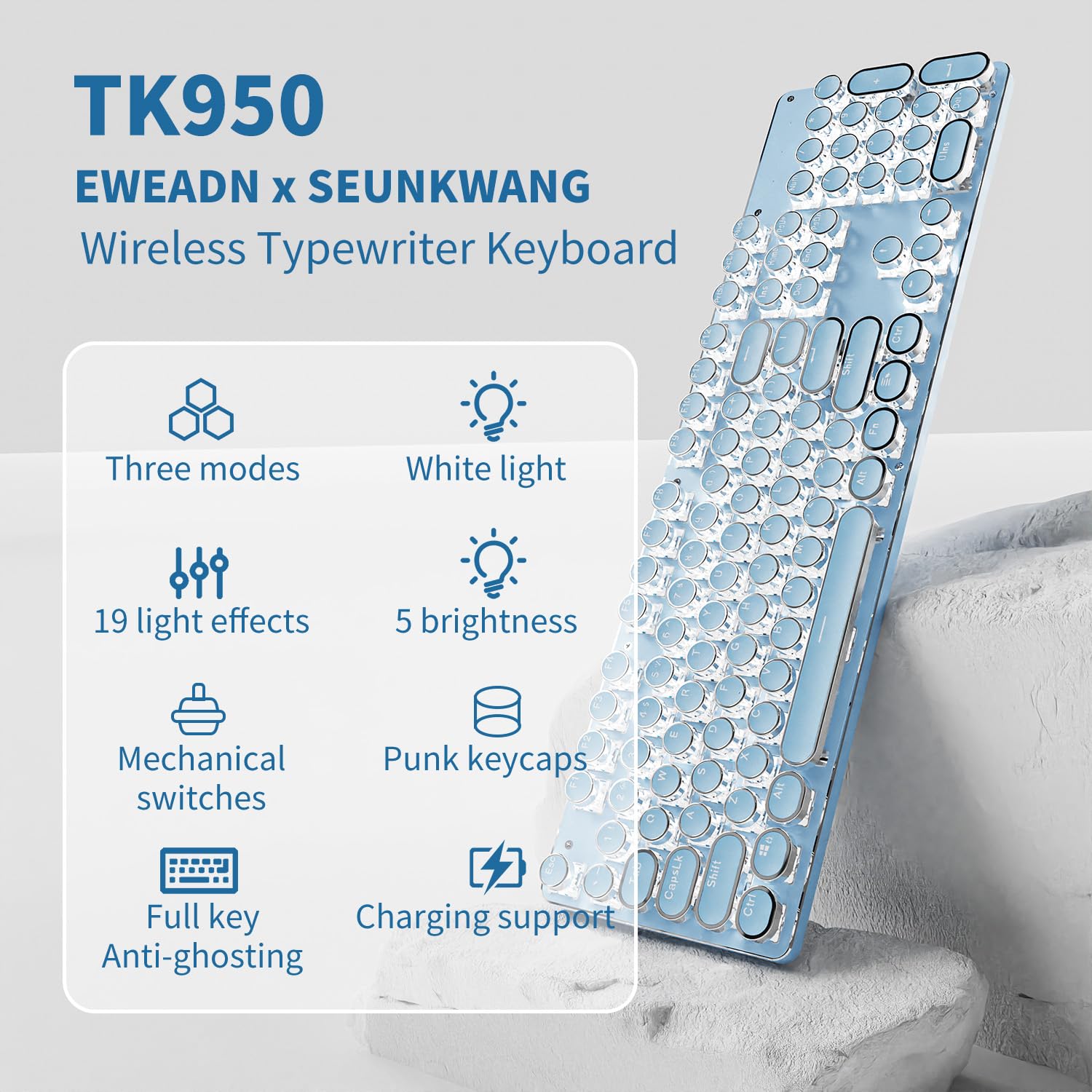 EWEADN TK950 Wireless Mechanical Keyboard - 104 Key Aesthetic Typewriter Style with White Backlight, Anti-Ghosting, Blue Switch (Bluetooth/2.4GHz/USB-C) - Perfect for Typing, Gaming & Office Work - Blue