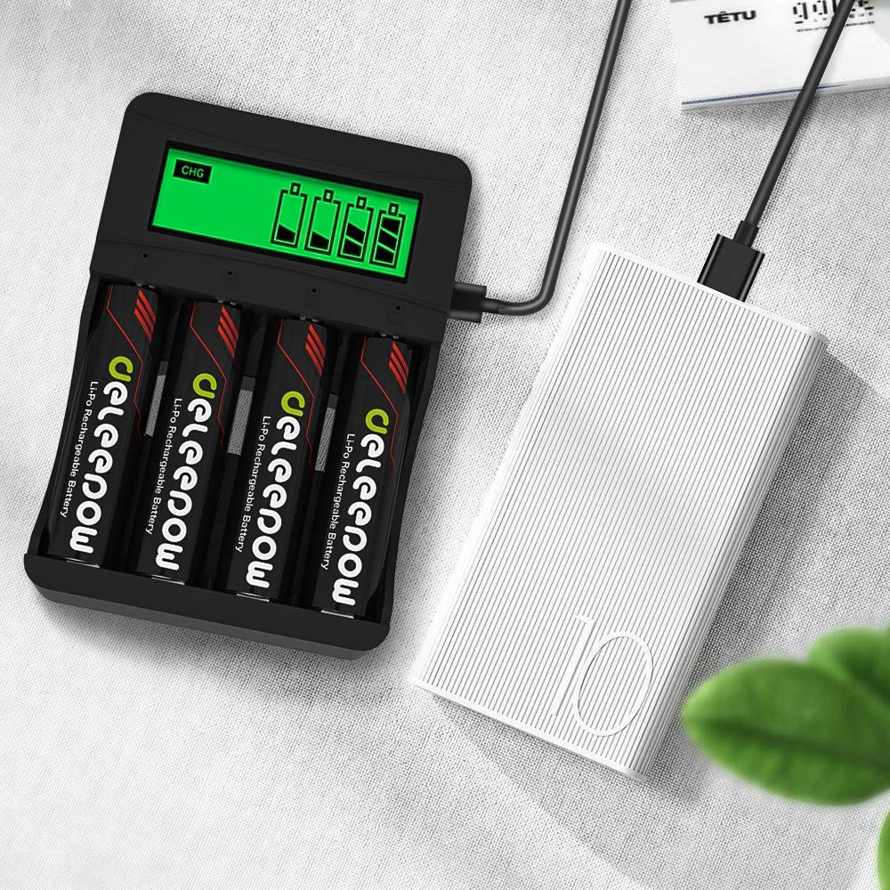 Deleepow 1.5V Rechargeable AA Lithium Batteries 3400mWh 4-Pack with LCD Charger - 1500 Cycles for Cameras, Flashlights, Toys & Electronics - Long Lasting Power Solution