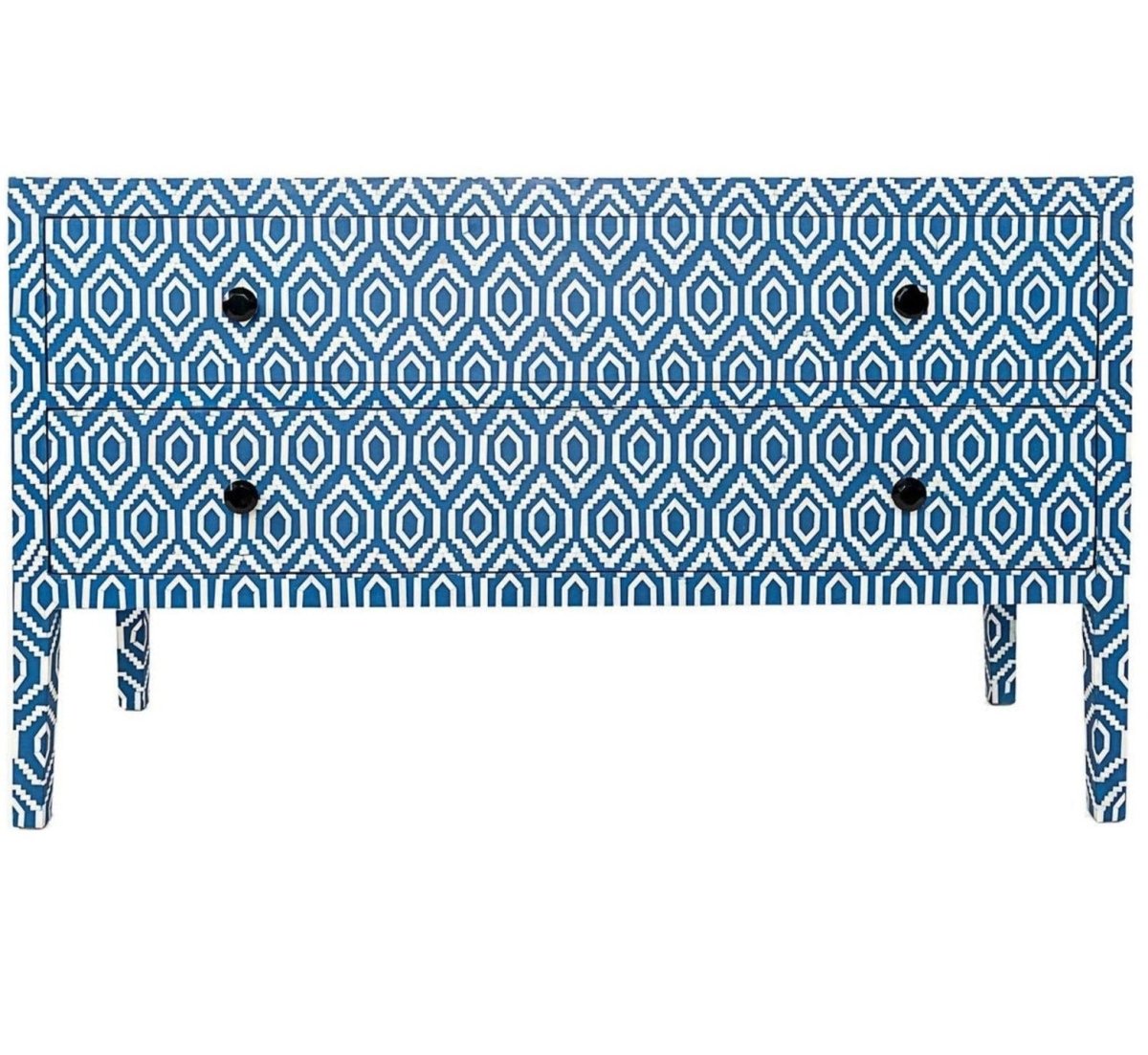 Handmade Bone Inlay Ikkat Design Blue Dresser with Two Drawers - Vintage Bohemian Bedroom Furniture for Home Decor & Storage