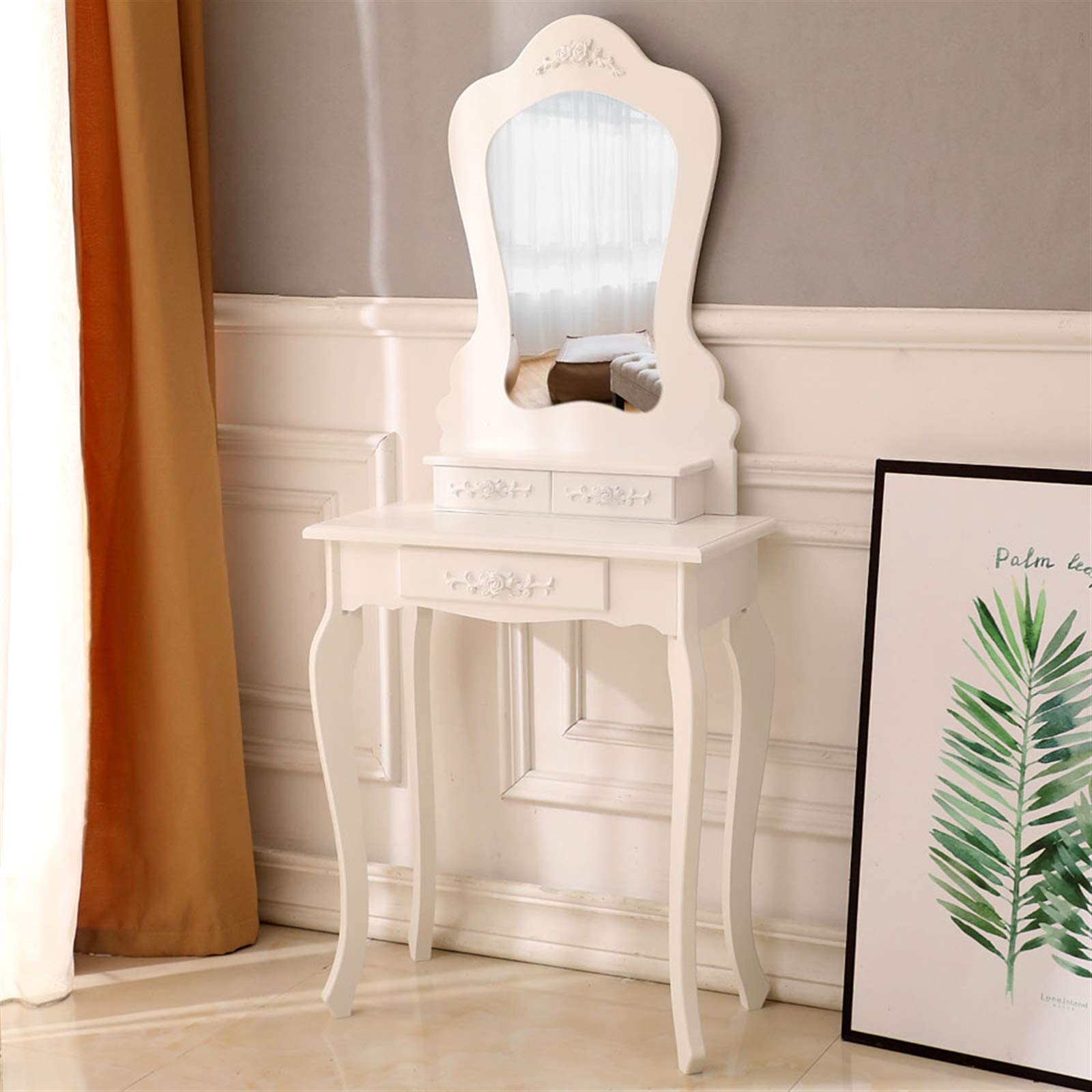 White Irregular Single Mirror 3-Drawer Vanity Desk Set with Stool - Modern Dressing Table for Bedroom Makeup & Jewelry Organization - Perfect for Small Spaces, Home Decor & Beauty Routine