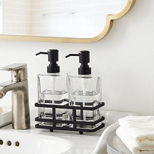 Premium Matte Black Square Glass Soap & Lotion Dispenser Set with Metal Stand - Heavy Duty Handcrafted Bathroom Organizer for Sink Counter, Kitchen, Hotel & Travel Use