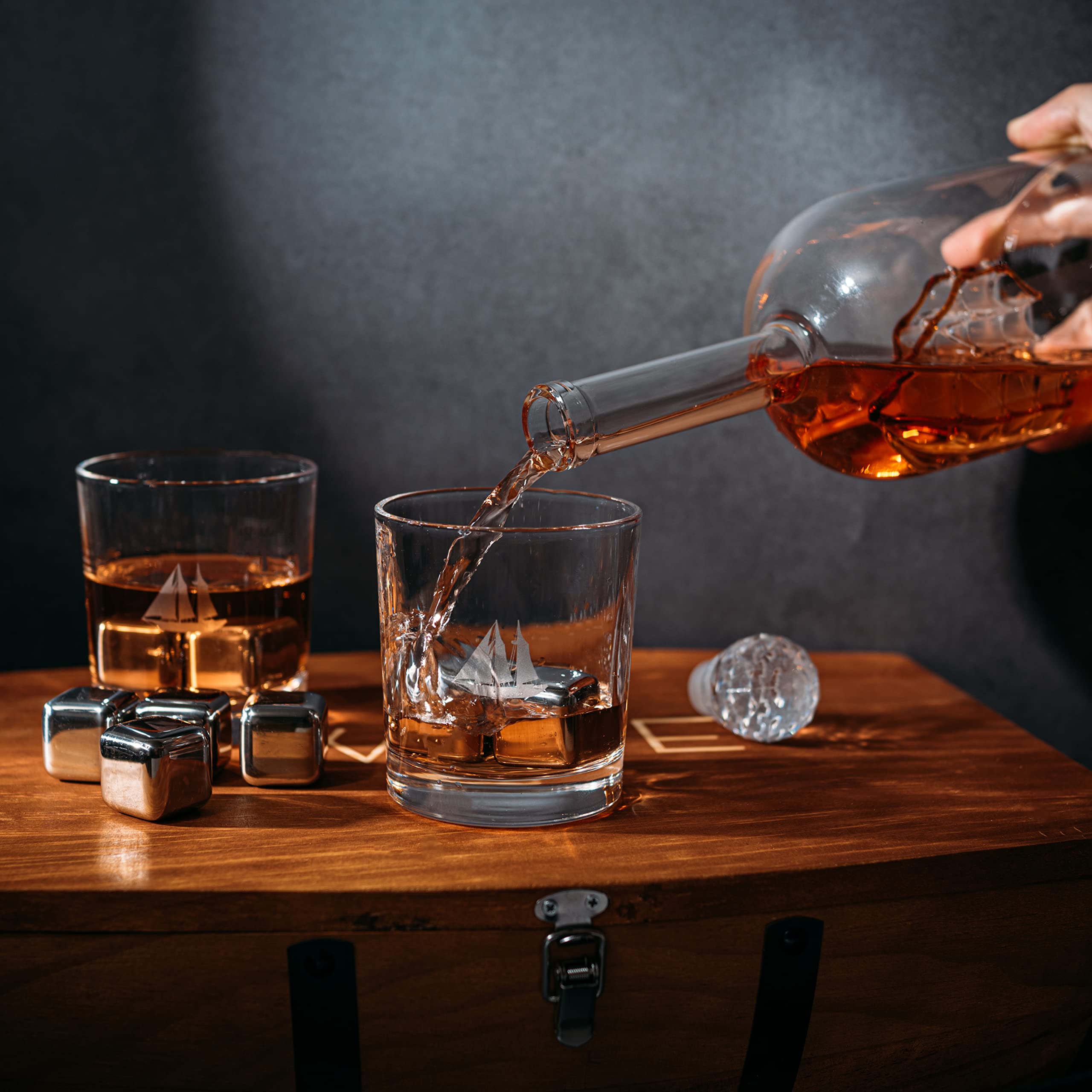 Premium Whiskey Gift Set for Men - Handcrafted Wooden Decanter Box with 8 Chilling Stones & 2 Glasses | Bourbon & Scotch Accessories | Ideal for Dads, Boyfriends, Anniversary & Birthday Gifts | Home Bar, Man Cave & Office Decor (16