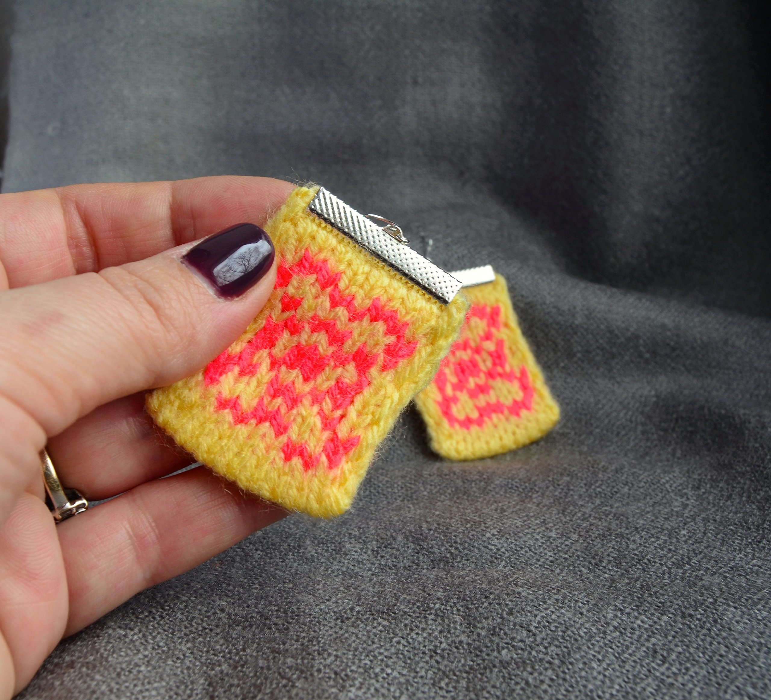 Handmade Yellow Knitted Earrings & Red Rectangle Crochet Jewelry - Unique Modern Gift for Women, Birthday, Anniversary - Perfect for Boho Fashion, Casual Wear & Special Occasions