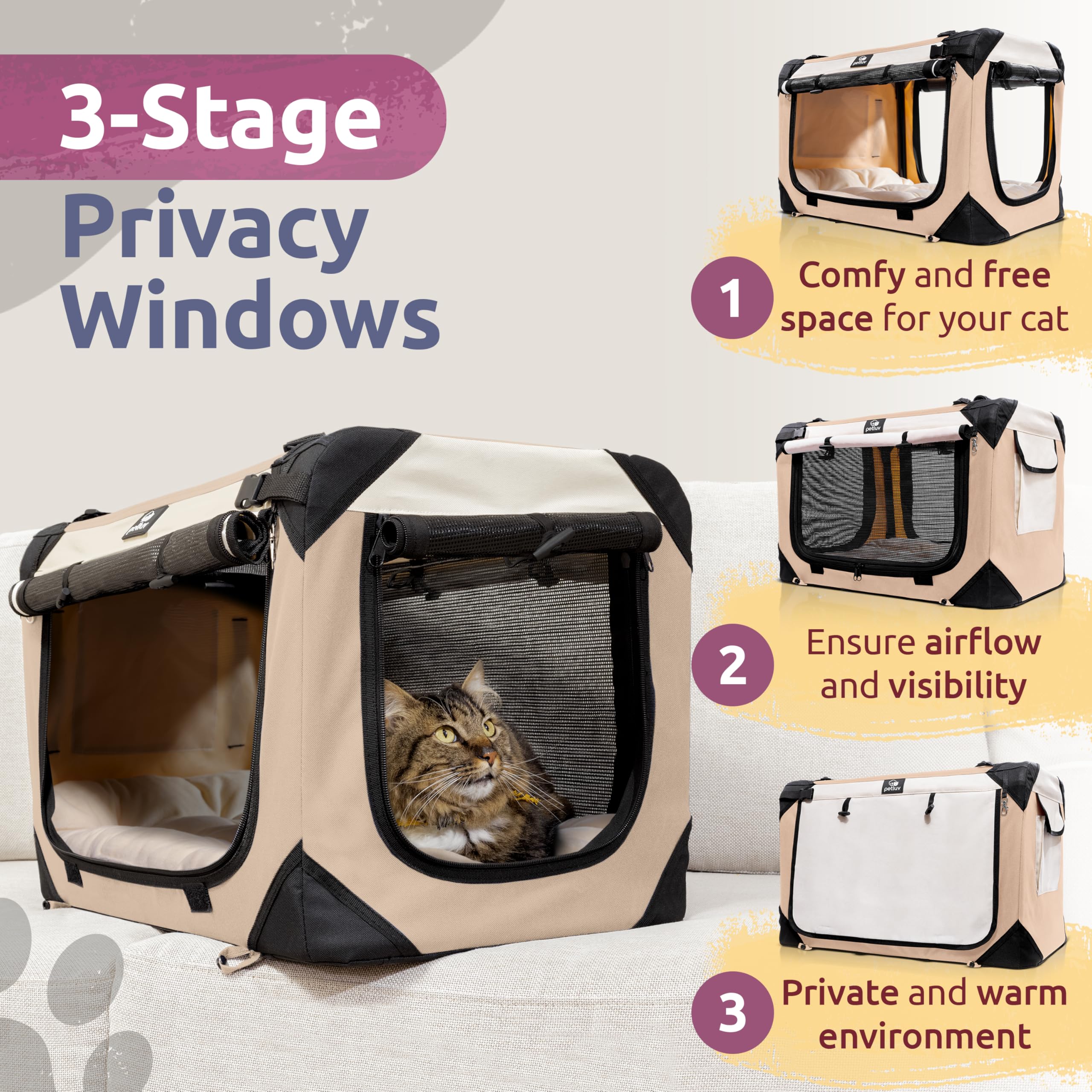 Large Soft-Sided Collapsible Pet Carrier for 2 Cats or Medium Dogs - Portable Travel Bag with Locking Zippers & Comfortable Bed (Tan) - Perfect for Airplane Travel, Vet Visits & Road Trips