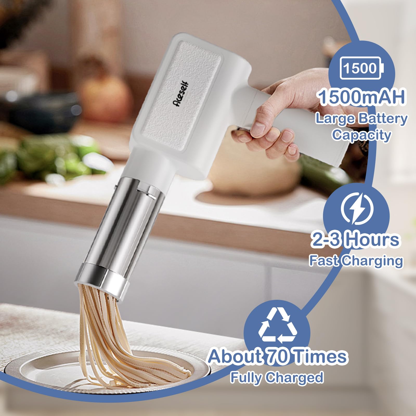 Electric Pasta Maker Machine - Portable Cordless Automatic Noodle Maker with 5 Shaping Molds & Cutter | Homemade Fresh Spaghetti, Fettuccine, Lasagna | Perfect for Italian Cooking, Family Meals & Restaurant Use