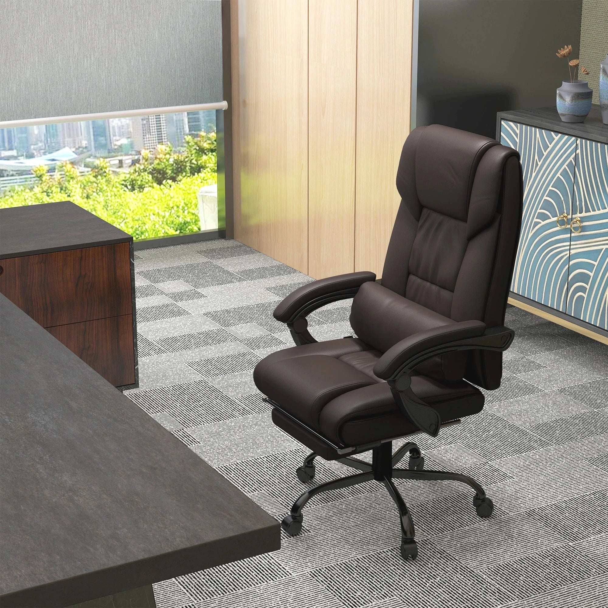6-Point Vibration Massage Faux Leather Office Chair - Brown Ergonomic Executive Chair for Home & Office Use - Perfect for Long Work Hours & Back Pain Relief