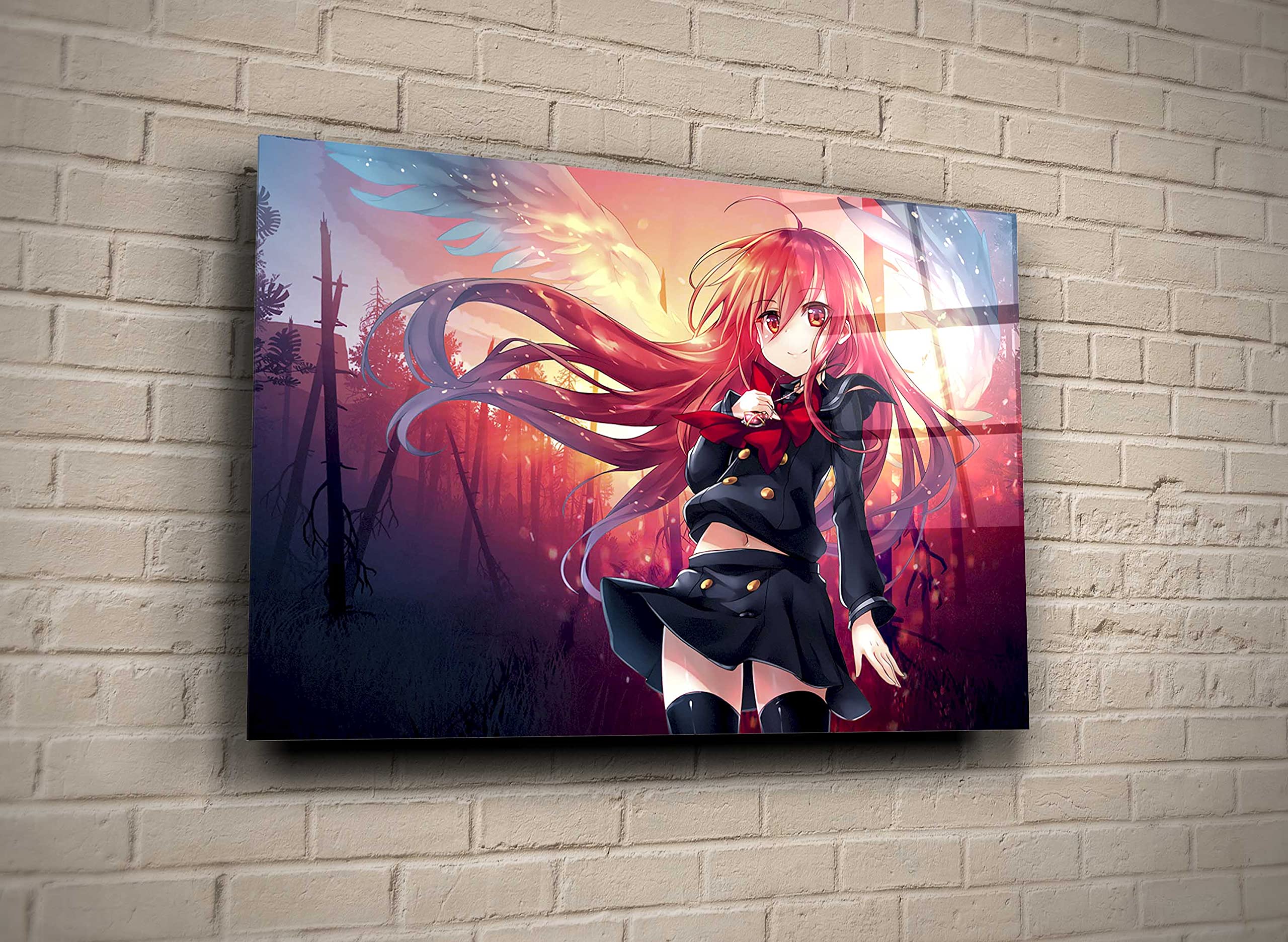 Japanese Anime Girl in School Uniform with Wings - Stained Glass Wall Art for Home & Bedroom Decor - Perfect Otaku Gift for Anime Lovers - Ideal for Living Room, Game Room, and Anime Themed Spaces