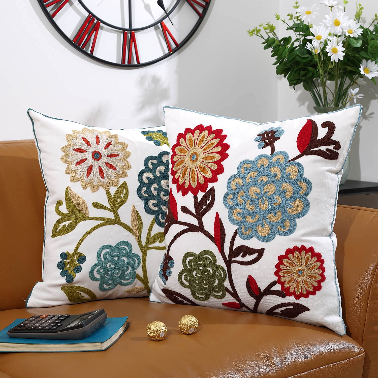 18x18 Inch Floral Embroidery Throw Pillow Covers Set of 2 - Decorative Couch Pillow Cases for Sofa, Bed, Living Room & Patio | Perfect for Home Decor, Cozy Reading Nook & Outdoor Relaxation