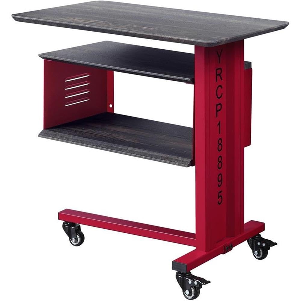 Acme Cargo Industrial Metal Side Table with Wall Shelf & Casters - Red Accent Table for Living Room, Bedroom or Office - Sturdy Rolling End Table with Storage Shelf
