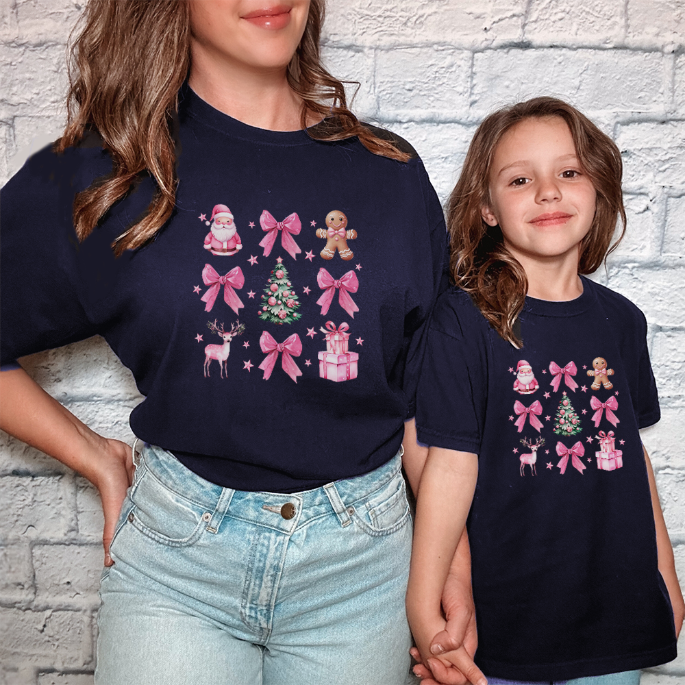 Coquette Christmas Icons Matching T-Shirts for Mom and Kids - Perfect for Family Holiday Photos & Festive Outfits