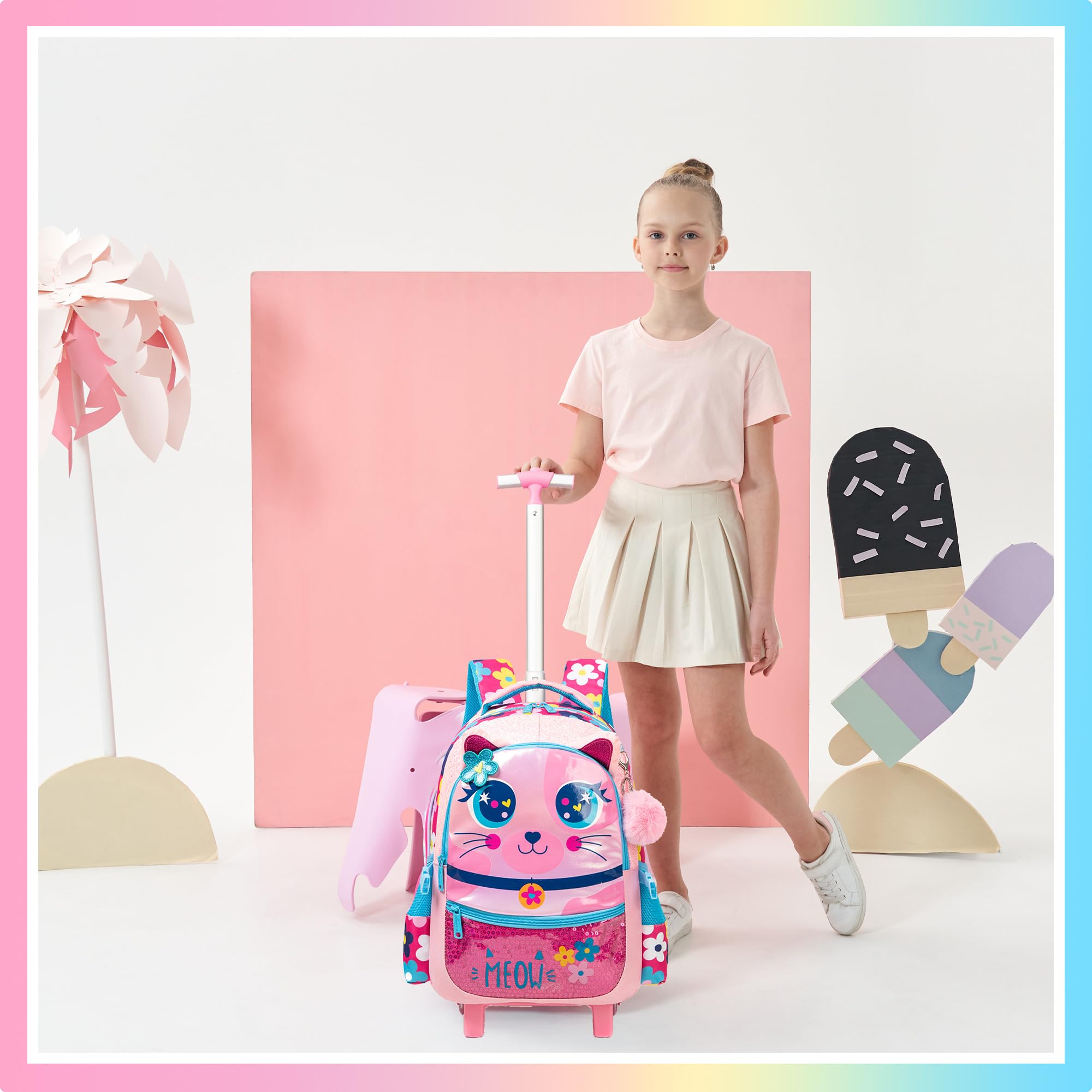 Meetbelify Rolling Backpack for Girls - 3-in-1 Wheeled School Backpack with Lunch Box & Pencil Case, Travel Carry-On Suitcase for Elementary & Preschool Students (Ages 8-10) - Perfect for School, Travel & Daily Commute