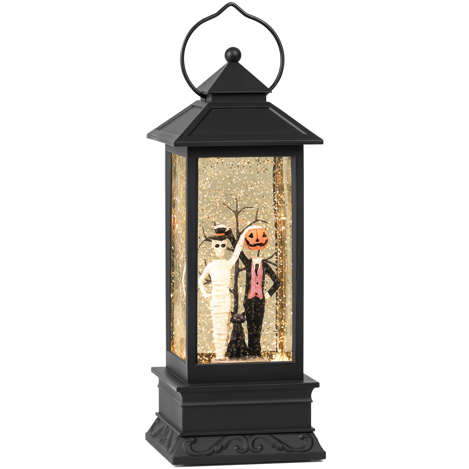 **Halloween Snow Globes with Skull & Black Cat Scene - Glittering LED Lantern with Timer, USB/Battery Powered for Spooky Home Decor - Perfect for Halloween Parties, Indoor & Outdoor Displays**