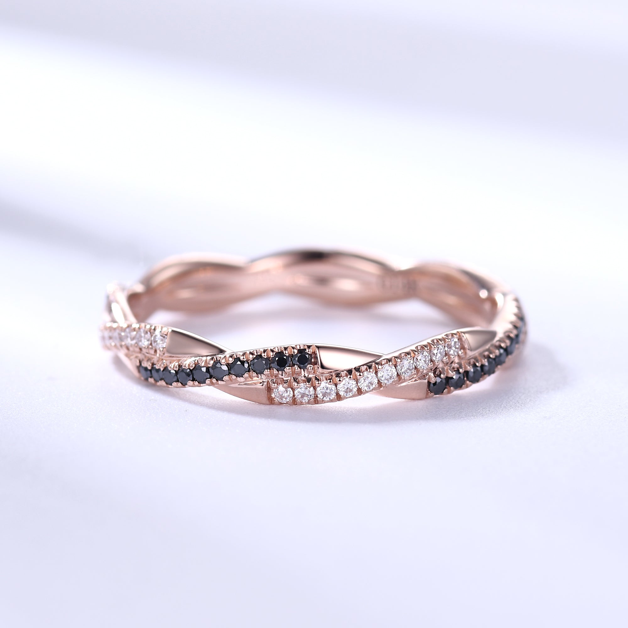 Twisted Black Diamond Wedding Band Ring for Women - 14K Rose Gold Infinity Full Eternity Ring - Perfect for Anniversary, Engagement & Romantic Gifts