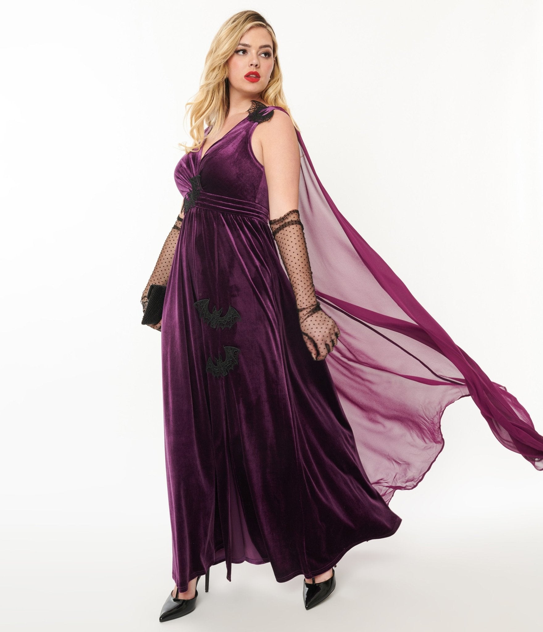 Vintage Velvet Cape Gown - Elegant Eggplant & Black Bat Design for Halloween, Cosplay & Gothic Fashion | Plus Size Options Available