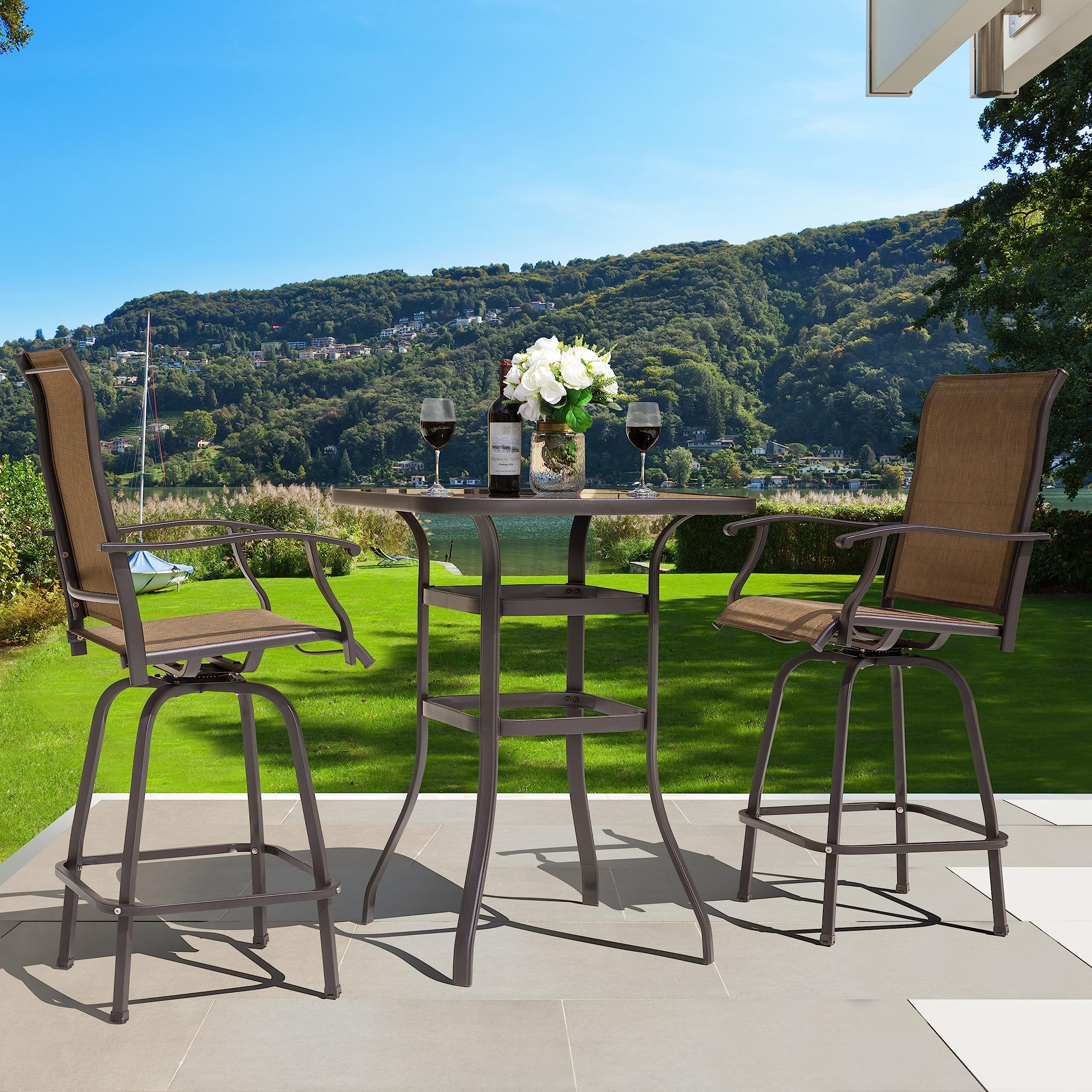 **NUU GARDEN 3-Piece Patio Bar Set - All-Weather Metal Textilene Swivel Bar Stools (Set of 2) & High-Top Glass Bar Table - Brown Outdoor Bistro Set for Patio, Deck, or Garden**    *(Perfect for backyard BBQs, poolside lounging, or outdoor entertaining!)*