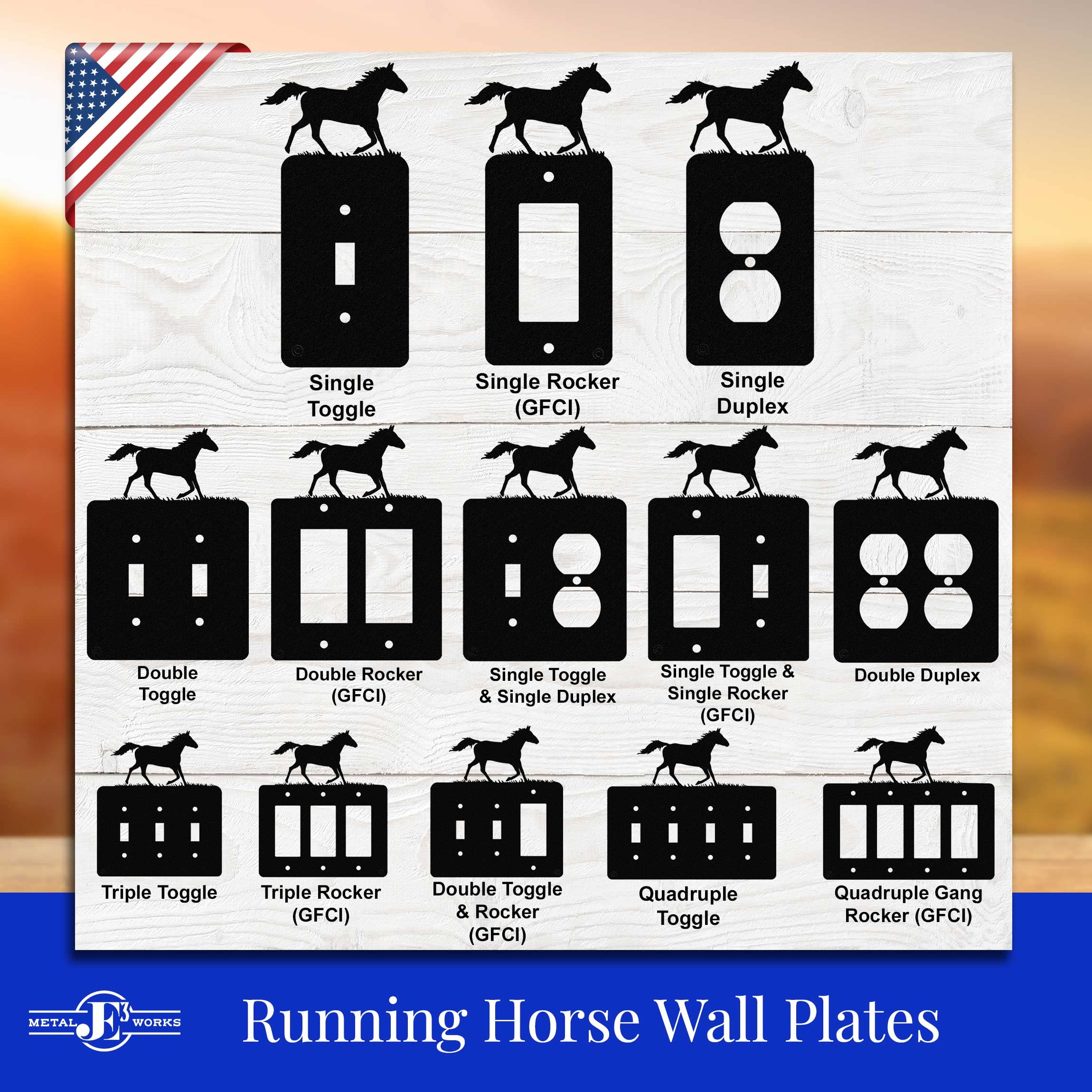 Running Horse Double Duplex Power Outlet Wall Plate - 2 Electrical Outlets, Black - Made in USA - Perfect for Home, Office & Workshop Electrical Upgrades