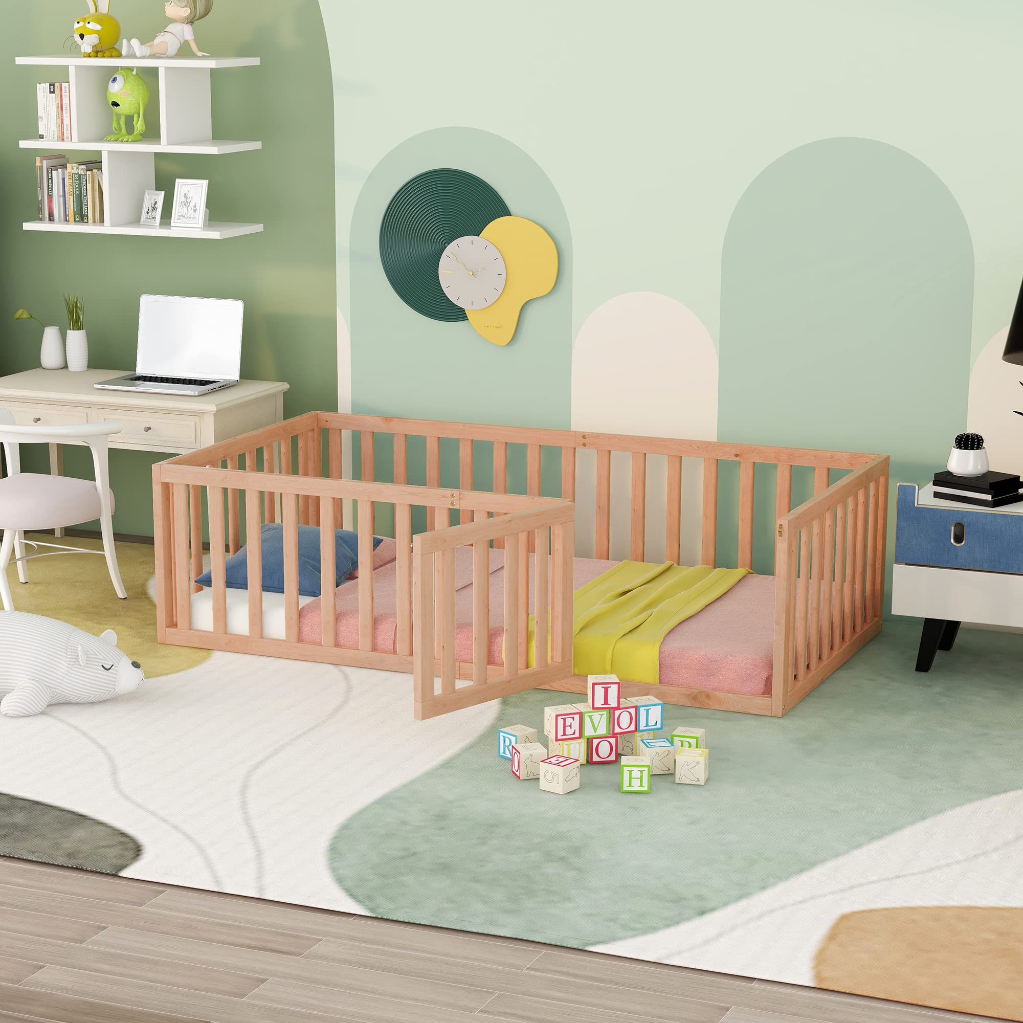 LZ LEISURE ZONE Twin Size Solid Wood Platform Bed with Fence & Door - Natural Wood Floor Bed Frame, Daybed for Kids Room, Guest Bedroom & Small Spaces