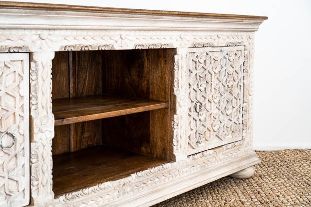Hand Carved Floral Design Wooden TV Stand - Rustic Media Console Table with Storage Shelf for Living Room, Bedroom & Home Decor