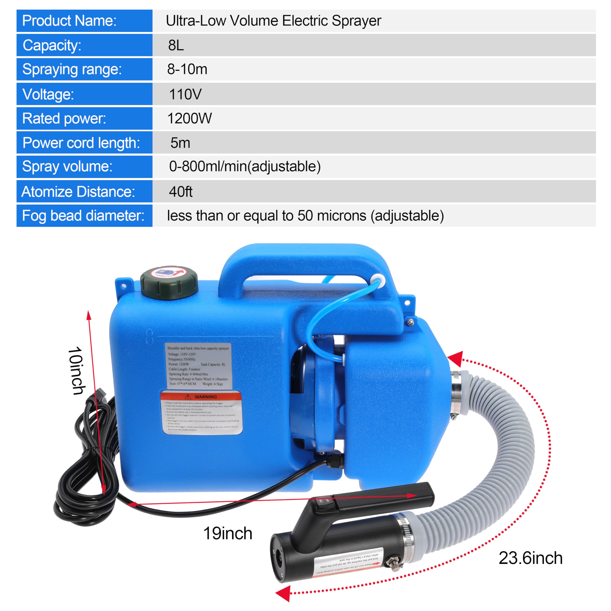 8L (2 Gallon) Electric ULV Fogger Machine - Portable Adjustable Flow Cold Mist Sprayer for Disinfection, Pest Control, Sanitization - Indoor & Outdoor Use in Homes, Schools, Hospitals, Warehouses