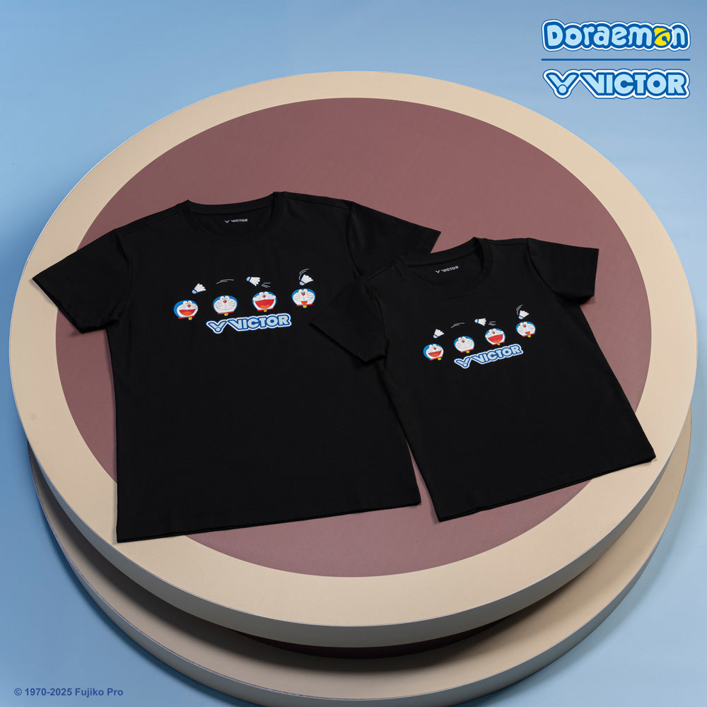 Victor x Doraemon Unisex Graphic T-Shirt - Anime Collaboration Cotton Tee for Men & Women - Perfect for Casual Wear, Cosplay, and Anime Fans (Black)