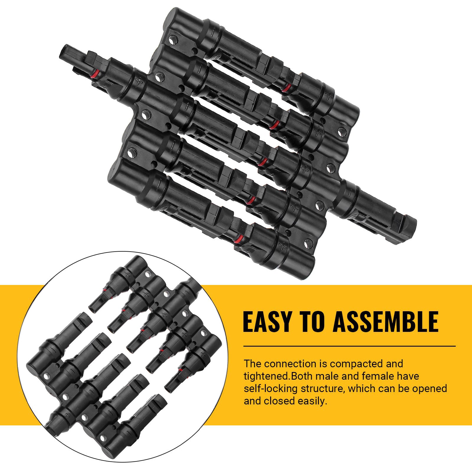 1 Pair 5-in-1 Waterproof T Branch Cable Connectors for Solar PV Panels - MC4 Male & Female Connectors - Ideal for Solar Panel Wiring, Off-Grid Systems, and Renewable Energy Projects