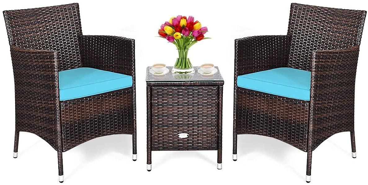 HAPPYGRILL 3-Piece Outdoor Patio Furniture Set - Rattan Wicker Conversation Set with Coffee Table, Chairs & Cushions for Garden, Lawn, Backyard, Poolside | Perfect for Relaxing, Entertaining & Outdoor Dining